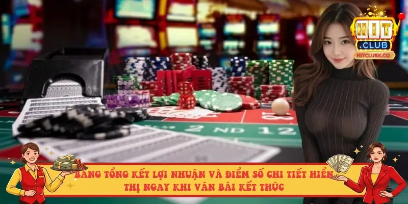Bảng tổng kết lợi nhuận và điểm số chi tiết hiển thị ngay khi ván bài kết thúc Bảng tổng kết lợi nhuận và điểm số chi tiết hiển thị ngay khi ván bài kết thúc